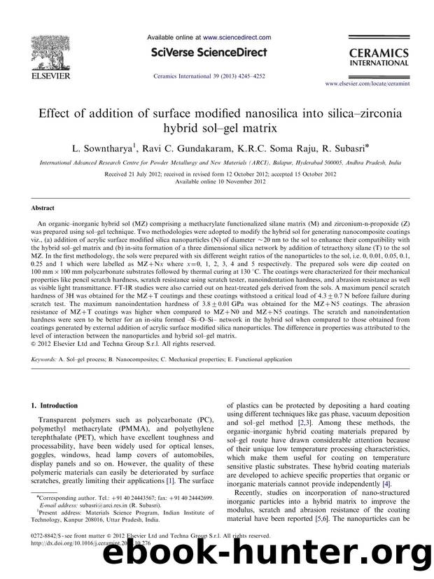 Effect of addition of surface modified nanosilica into silicaâzirconia hybrid solâgel matrix by L. Sowntharya & Ravi C. Gundakaram & K.R.C. Soma Raju & R. Subasri