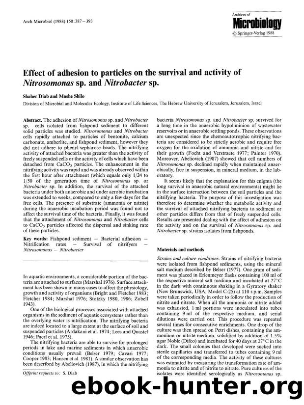 Effect of adhesion to particles on the survival and activity of <Emphasis Type="Italic">Nitrosomonas<Emphasis> sp. and <Emphasis Type="Italic">Nitrobacter<Emphasis> sp. by Unknown
