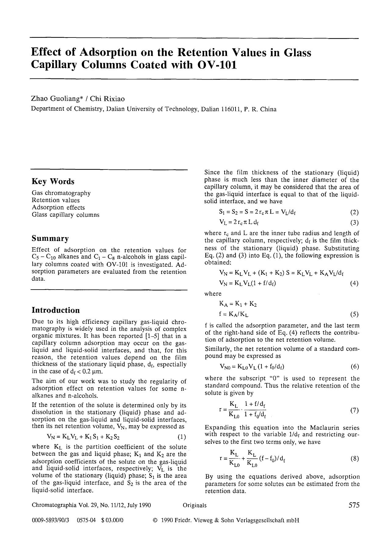 Effect of adsorption on the retention values in glass capillary columns coated with OV-101 by Unknown