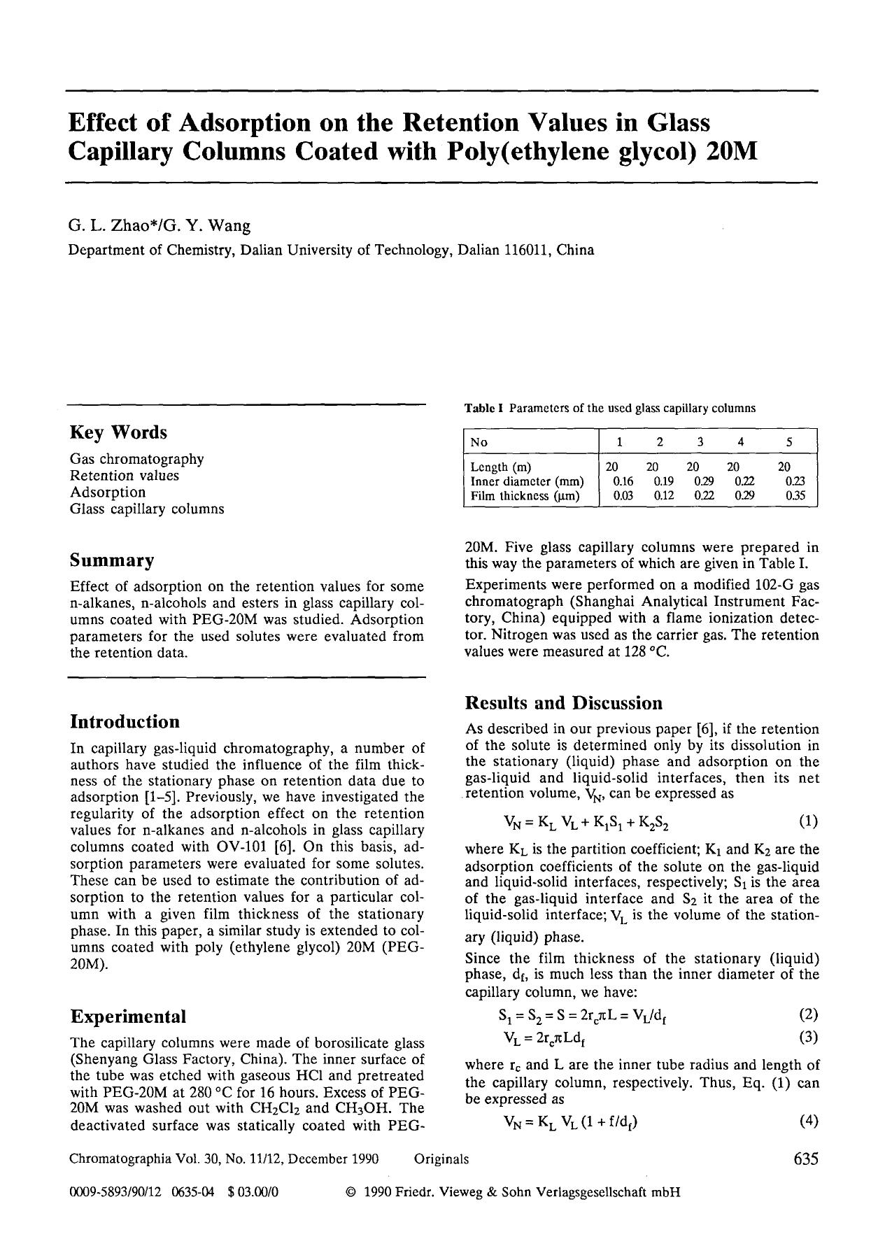 Effect of adsorption on the retention values in glass capillary columns coated with poly(ethylene glycol) 20M by Unknown