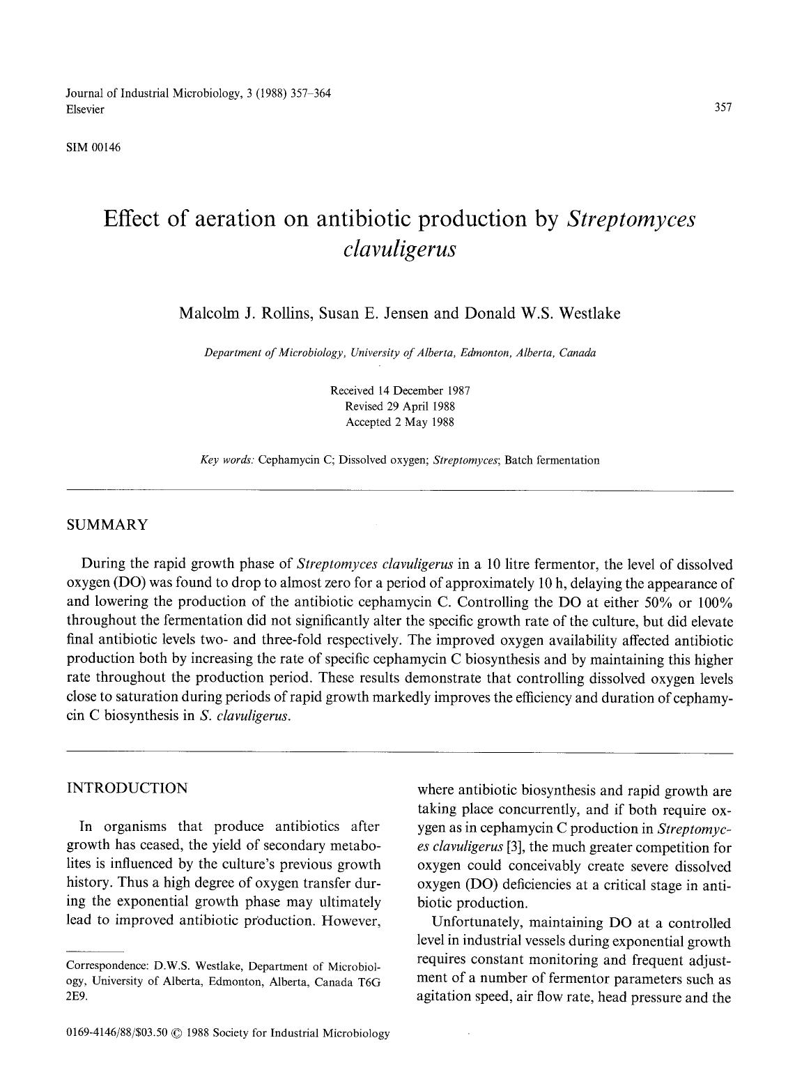 Effect of aeration on antibiotic production by <Emphasis Type="Italic">Streptomyces clavuligerus <Emphasis> by Unknown