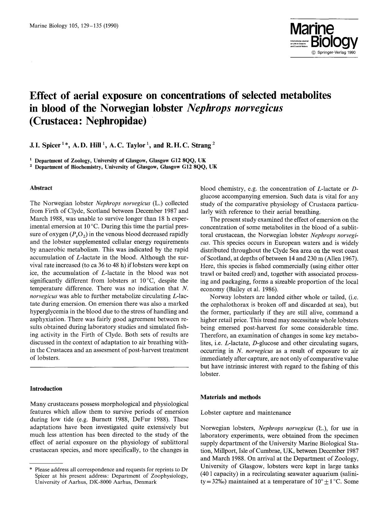 Effect of aerial exposure on concentrations of selected metabolites in blood of the Norwegian lobster <Emphasis Type="Italic">Nephrops norvegicus <Emphasis> (Crustacea: Nephropidae) by Unknown