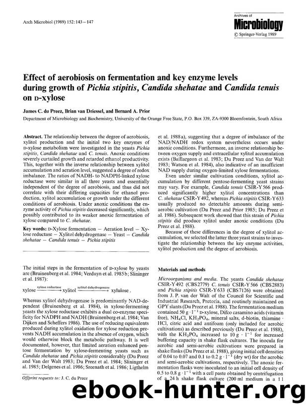 Effect of aerobiosis on fermentation and key enzyme levels during growth of <Emphasis Type="Italic">Pichia stipitis, Candida shehatae<Emphasis> and <Emphasis Type="Italic">Candida  by Unknown