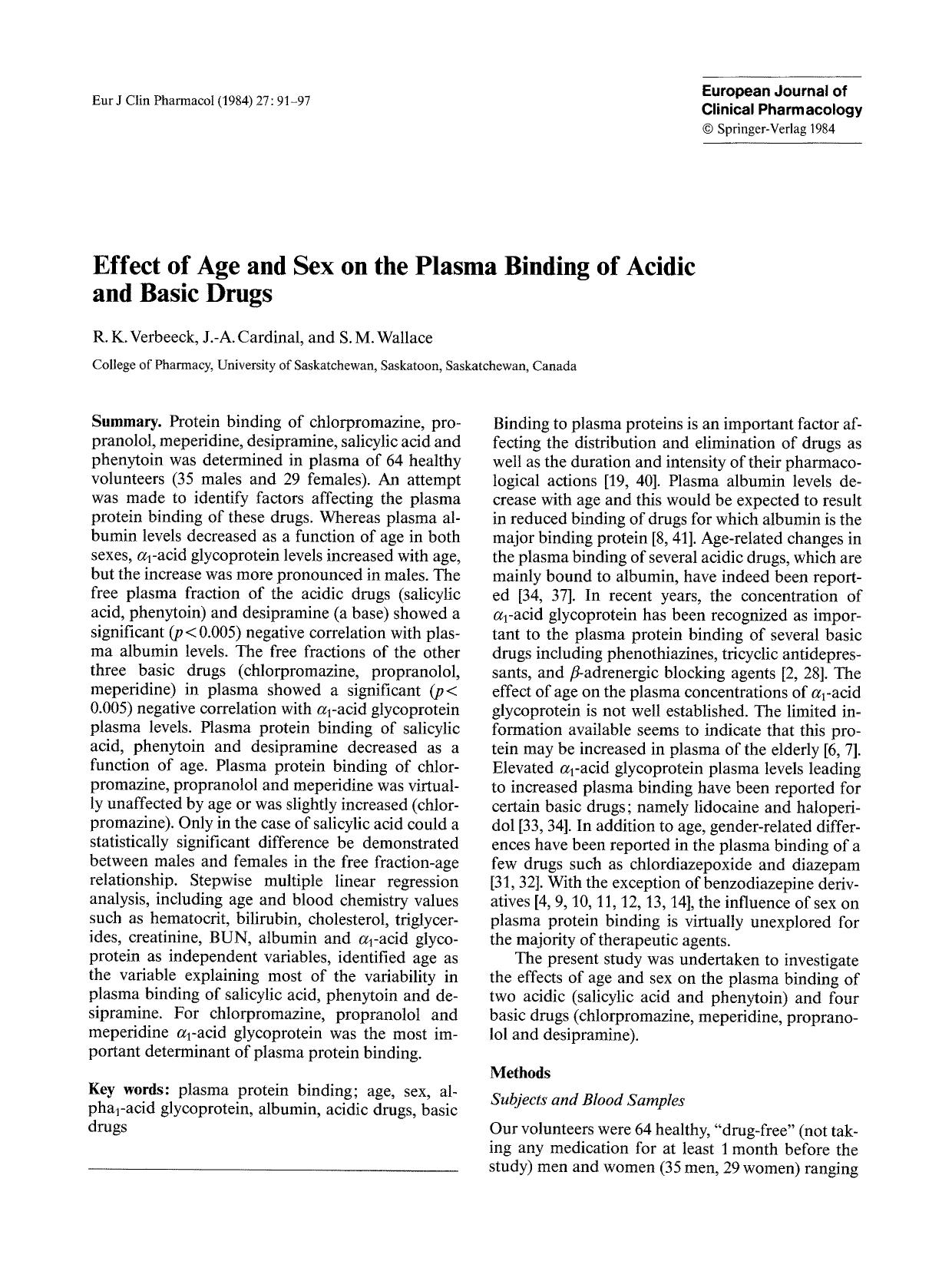 Effect of age and sex on the plasma binding of acidic and basic drugs by Unknown
