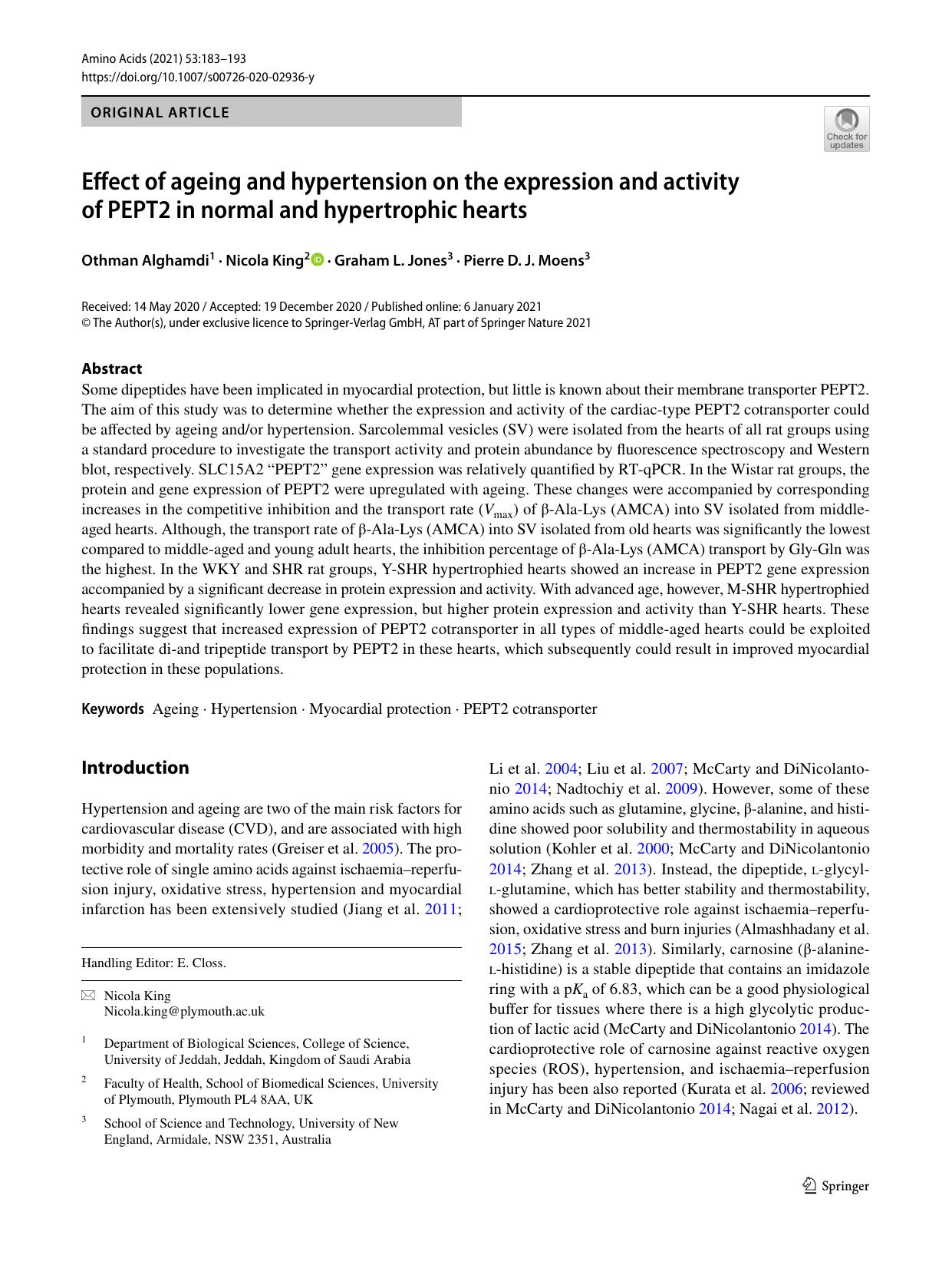 Effect of ageing and hypertension on the expression and activity of PEPT2 in normal and hypertrophic hearts by Othman Alghamdi & Nicola King & Graham L. Jones & Pierre D. J. Moens