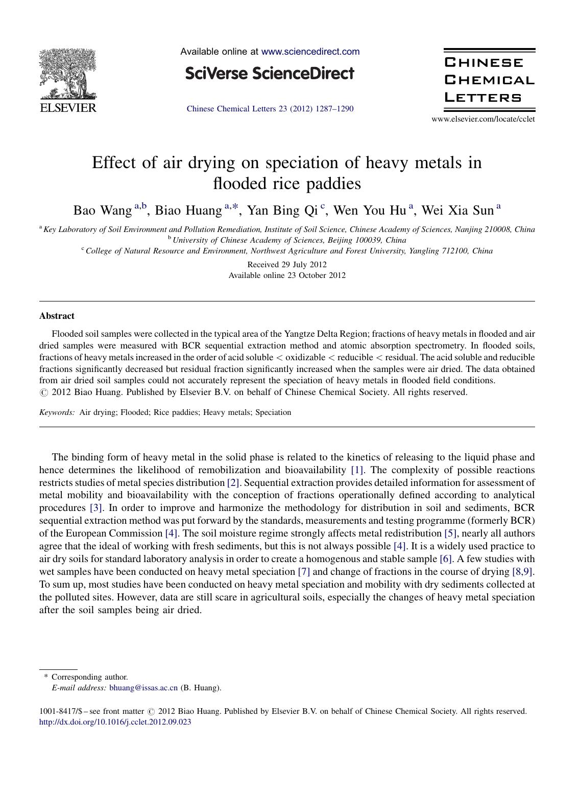 Effect of air drying on speciation of heavy metals in flooded rice paddies by Bao Wang