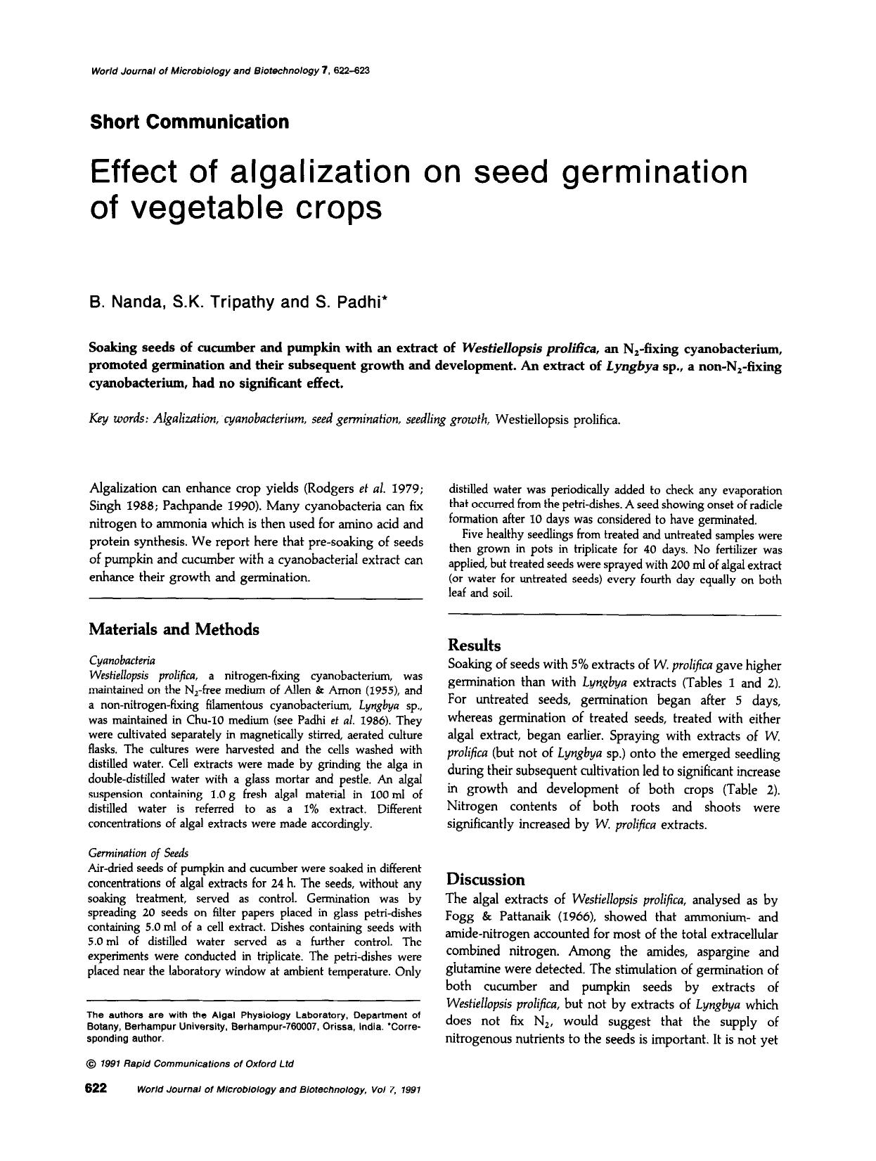 Effect of algalization on seed germination of vegetable crops by Unknown