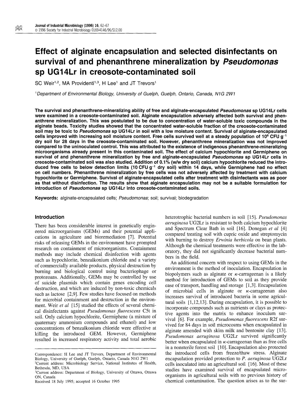 Effect of alginate encapsulation and selected disinfectants on survival of and phenanthrene mineralization by <Emphasis Type="Italic">Pseudomonas <Emphasis> sp UG14Lr in creosote-contaminated soil by Unknown