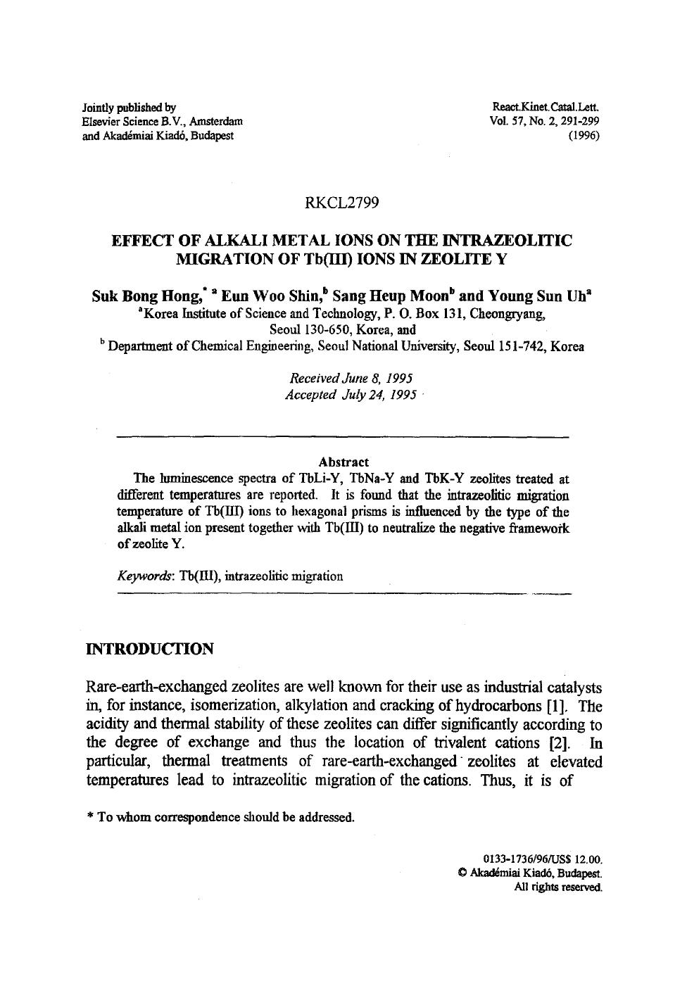 Effect of alkali metal ions on the intrazeolitic migration of Tb(III) ions in zeolite Y by Unknown
