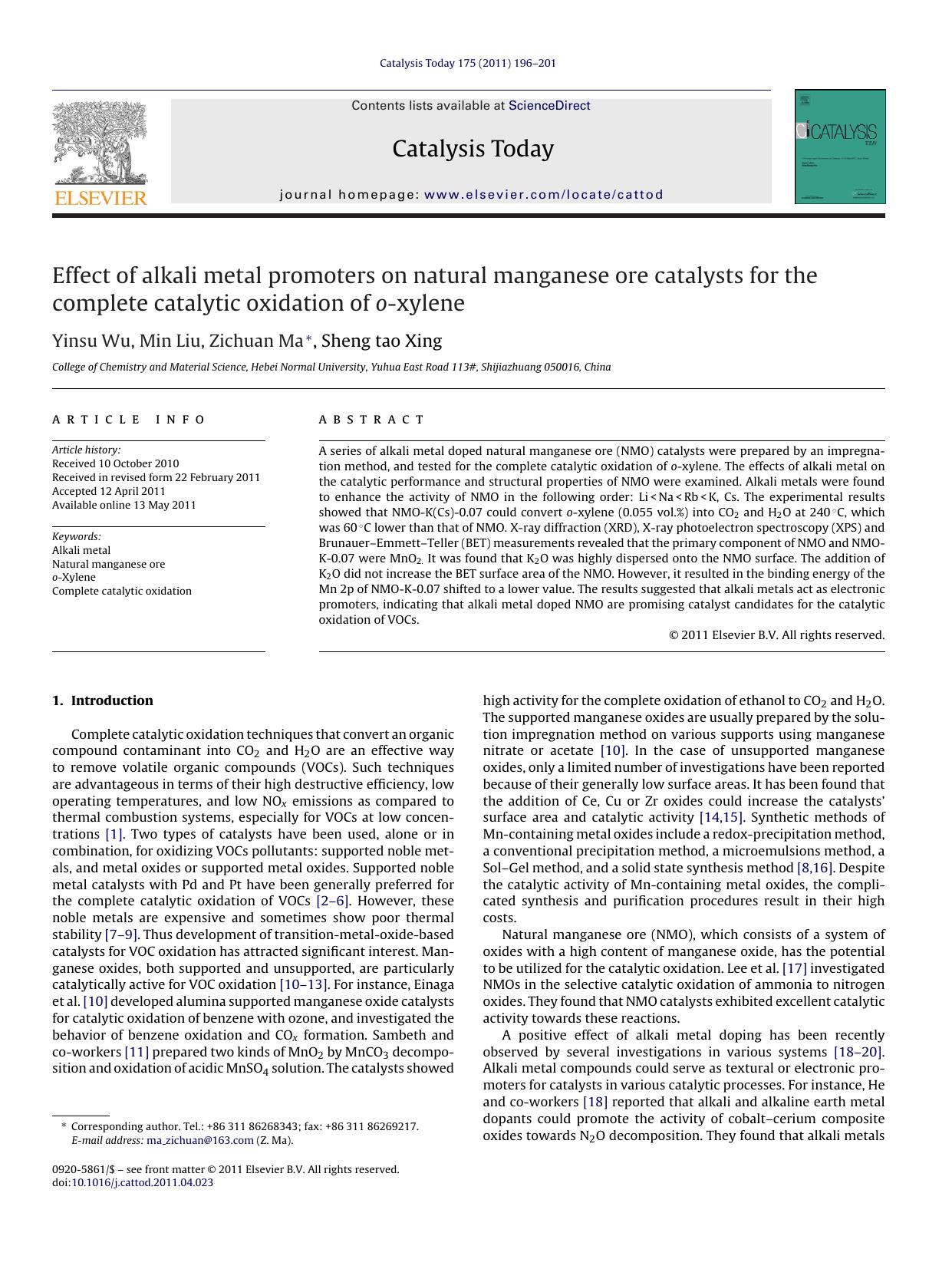 Effect of alkali metal promoters on natural manganese ore catalysts for the complete catalytic oxidation of o-xylene by Yinsu Wu