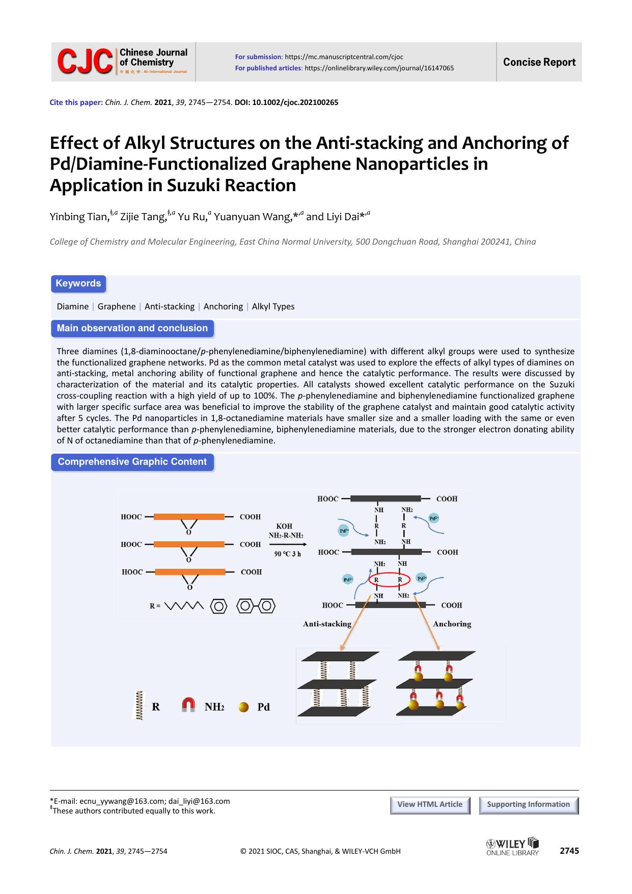 Effect of alkyl structures on the anti-stacking and anchoring of Pddiamine -functionalized graphene nanoparticles in application in Suzuki reaction by USER