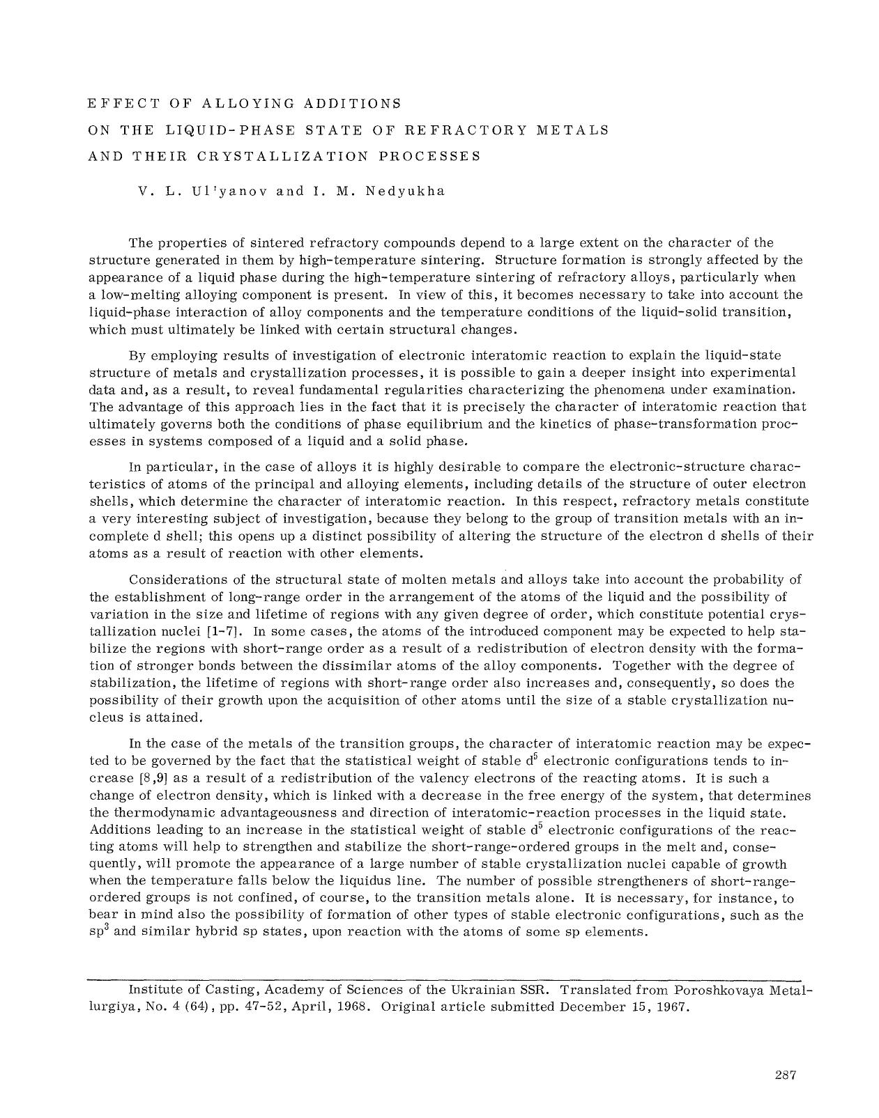 Effect of alloying additions on the liquid-phase state of refractory metals and their crystallization processes by Unknown