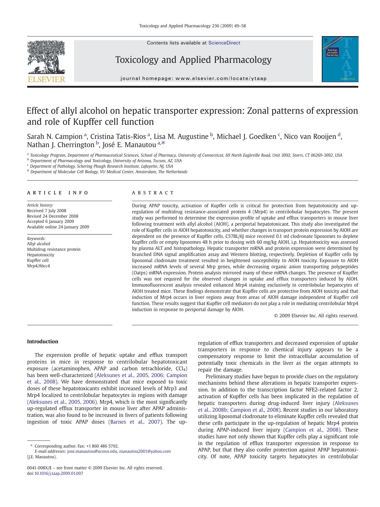 Effect of allyl alcohol on hepatic transporter expression: Zonal patterns of expression and role of Kupffer cell function by unknow