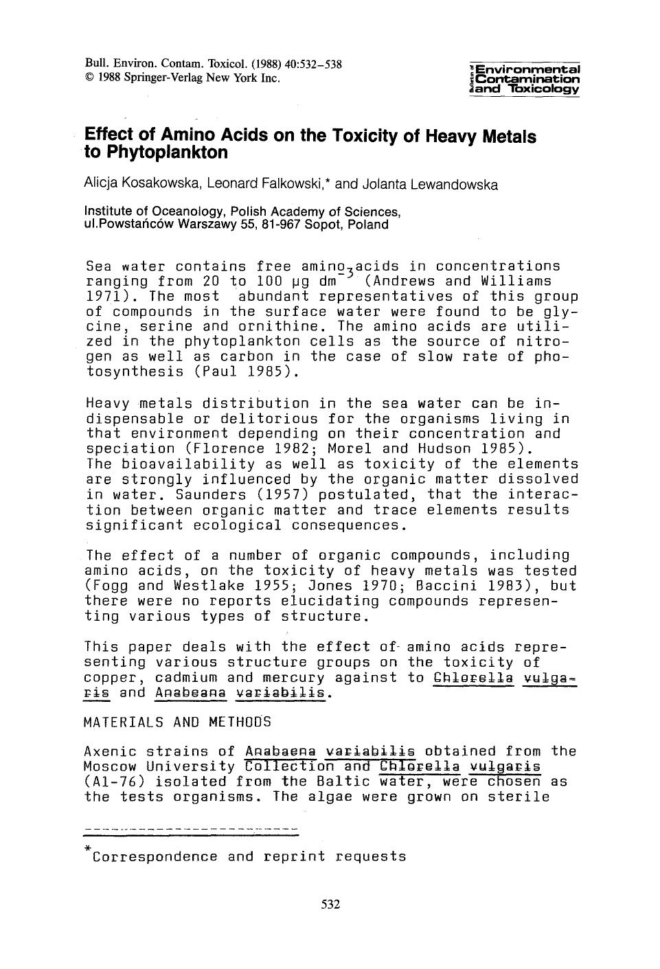 Effect of amino acids on the toxicity of heavy metals to phytoplankton by Unknown