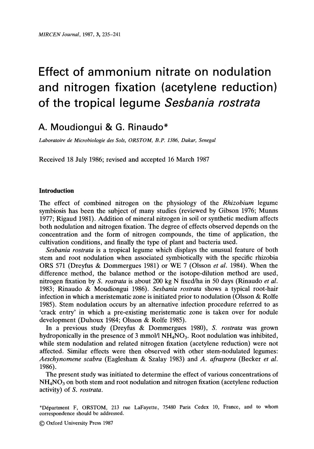 Effect of ammonium nitrate on nodulation and nitrogen fixation (acetylene reduction) of the tropical legume <Emphasis Type="Italic">Sesbania rostrata <Emphasis> by Unknown