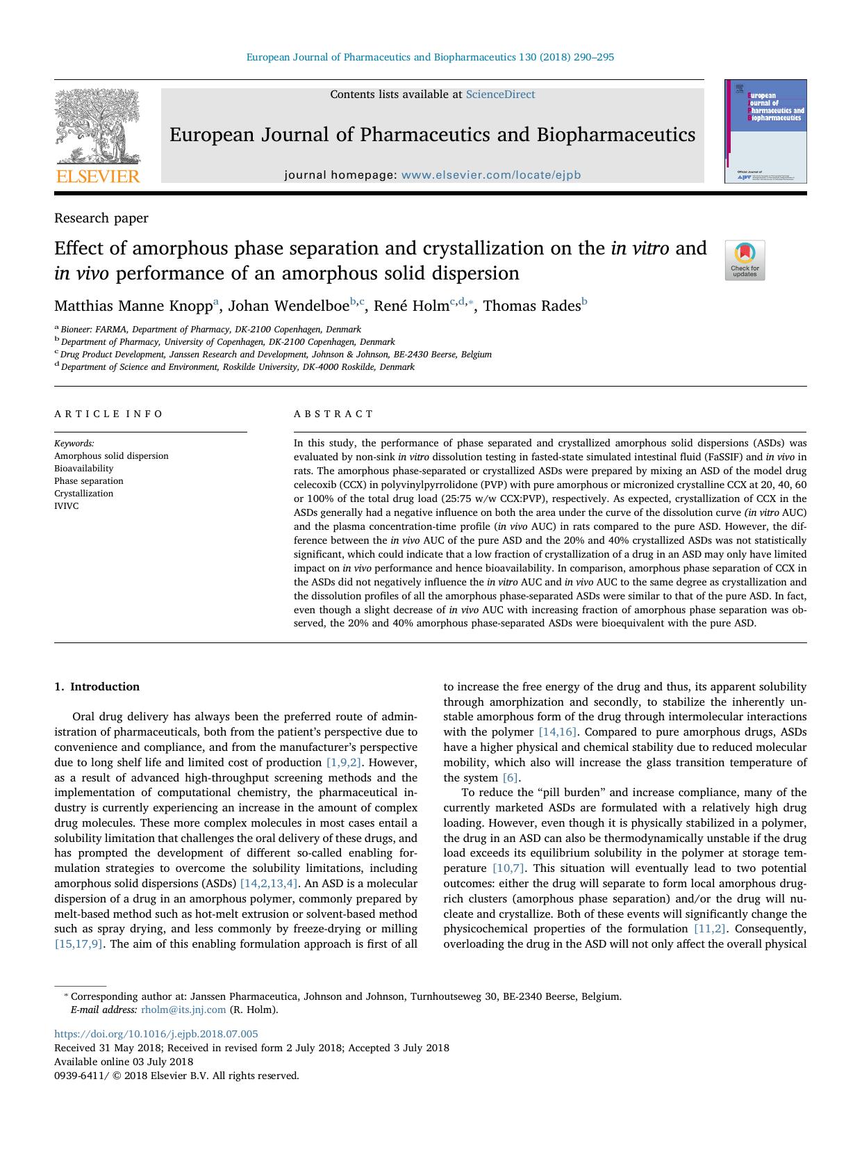 Effect of amorphous phase separation and crystallization on the in vitro and in vivo performance of an amorphous solid dispersion by Matthias Manne Knopp & Johan Wendelboe & René Holm & Thomas Rades