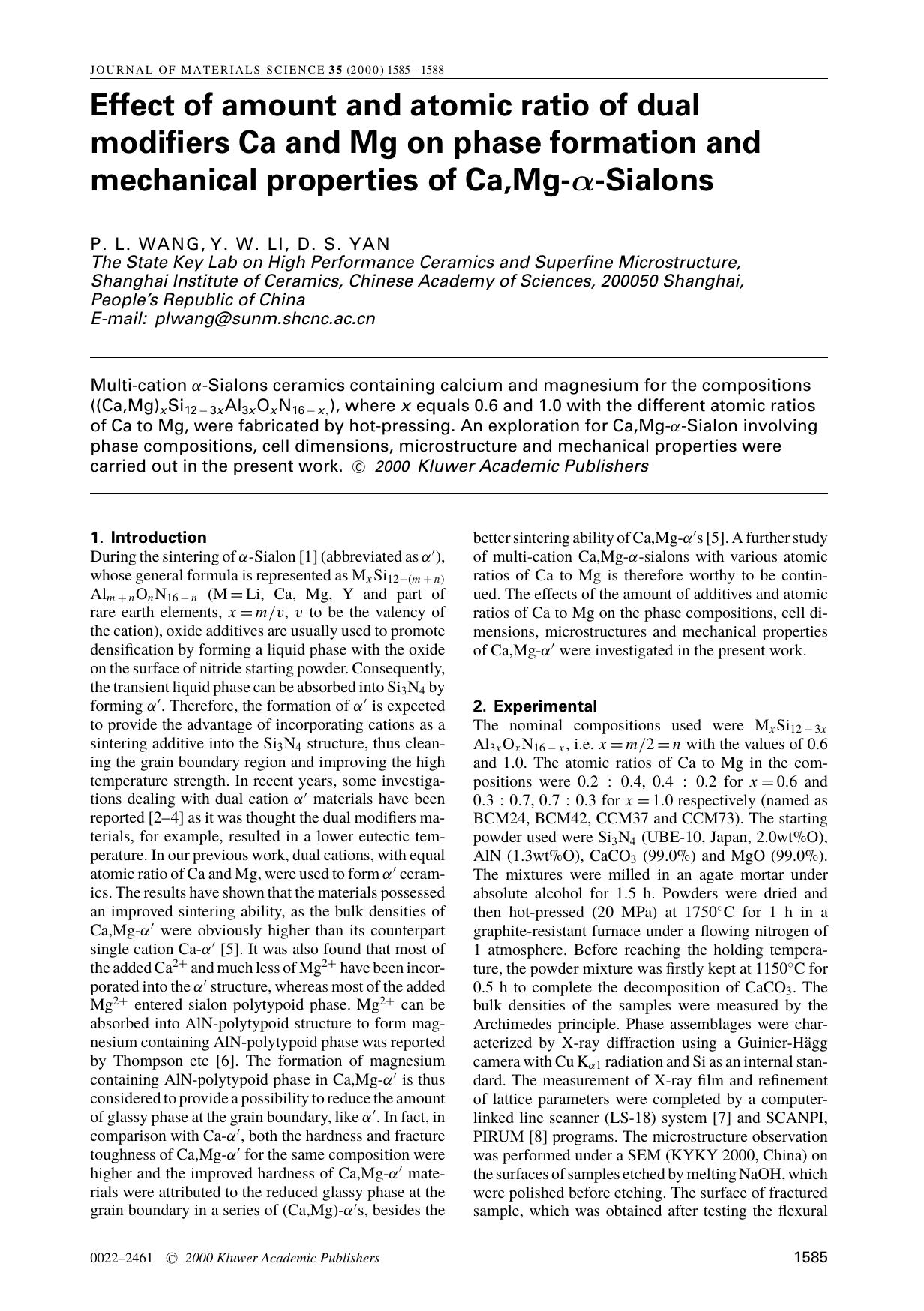 Effect of amount and atomic ratio of dual modifiers Ca and Mg on phase formation and mechanical properties of Ca,Mg-α-Sialons by Unknown