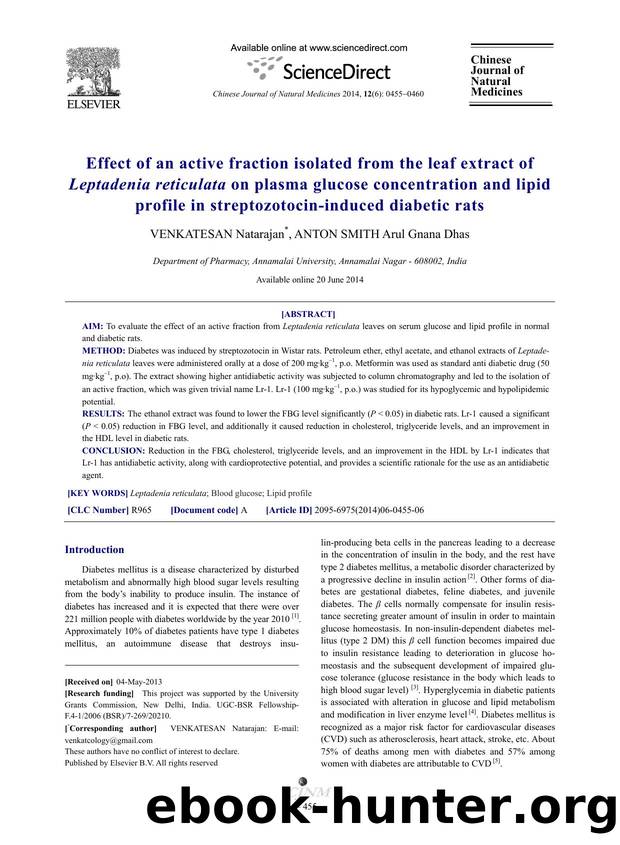 Effect of an active fraction isolated from the leaf extract of Leptadenia reticulata on plasma glucose concentration and lipid profile in streptozotocin-induced diabetic rats by Natarajan VENKATESAN & Arul Gnana Dhas ANTON SMITH