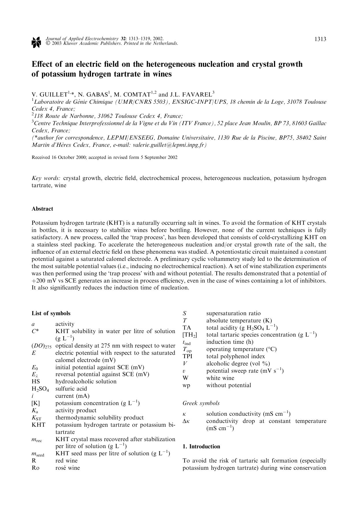 Effect of an electric field on the heterogeneous nucleation and crystal growth of potassium hydrogen tartrate in wines by Unknown