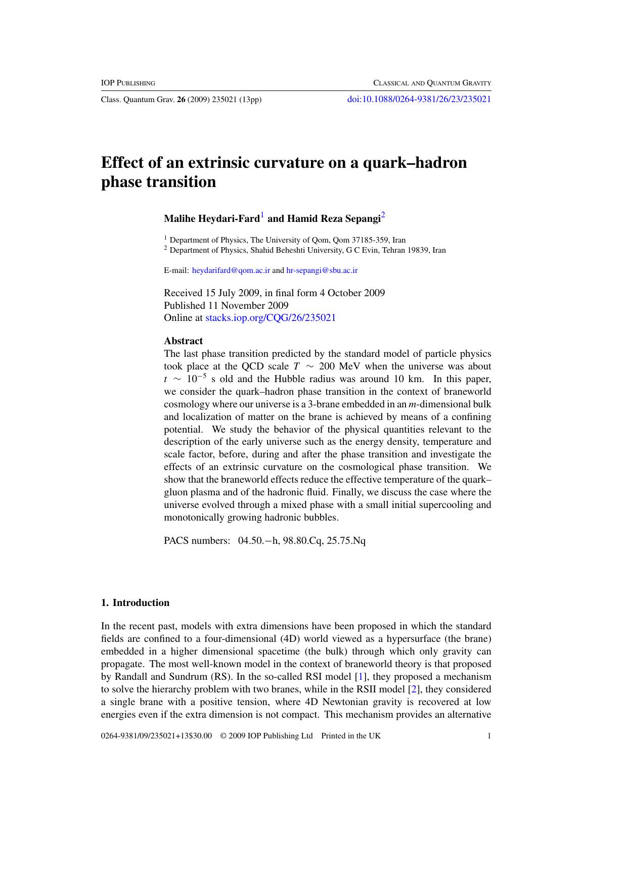 Effect of an extrinsic curvature on a quark-hadron phase transition by M Heydari-Fard and H R Sepangi