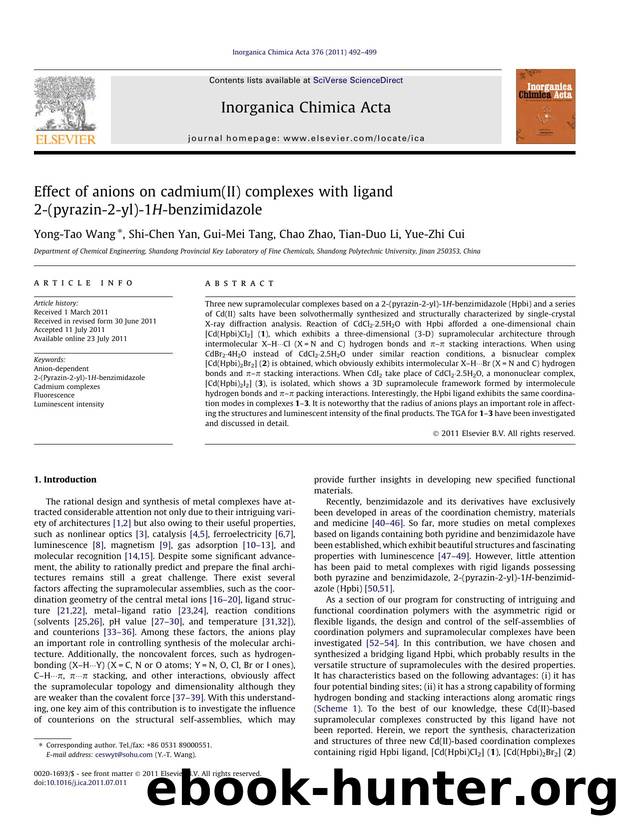 Effect of anions on cadmium(II) complexes with ligand 2-(pyrazin-2-yl)-1H-benzimidazole by Yong-Tao Wang & Shi-Chen Yan & Gui-Mei Tang & Chao Zhao & Tian-Duo Li & Yue-Zhi Cui