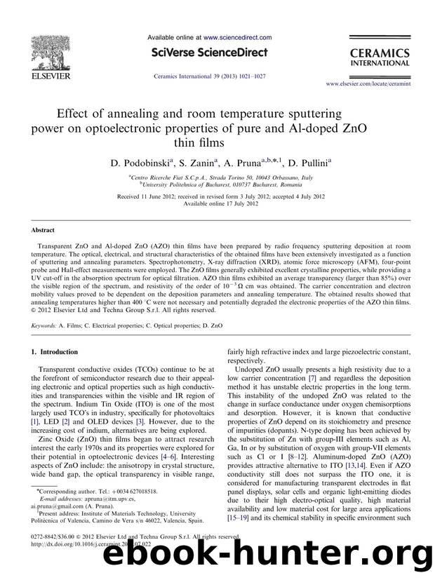 Effect of annealing and room temperature sputtering power on optoelectronic properties of pure and Al-doped ZnO thin films by D. Podobinski & S. Zanin & A. Pruna & D. Pullini