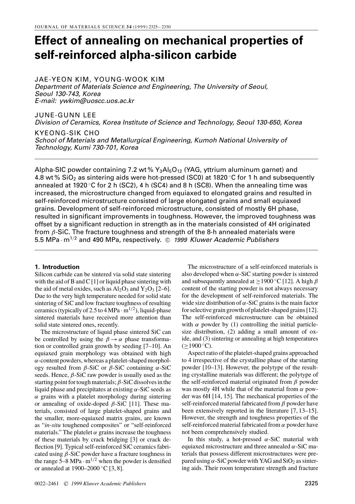 Effect of annealing on mechanical properties of self-reinforced alpha-silicon carbide by Unknown