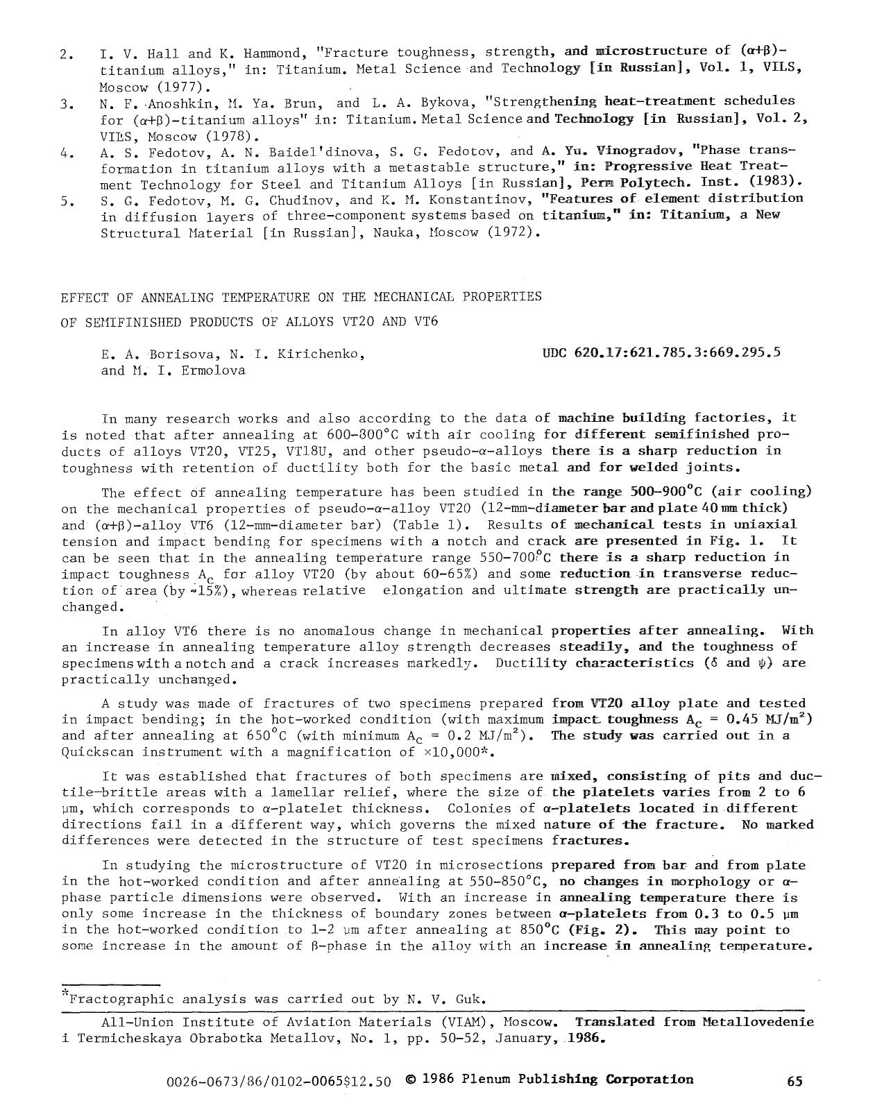 Effect of annealing temperature on the mechanical properties of semifinished products of alloys VT20 and VT6 by Unknown