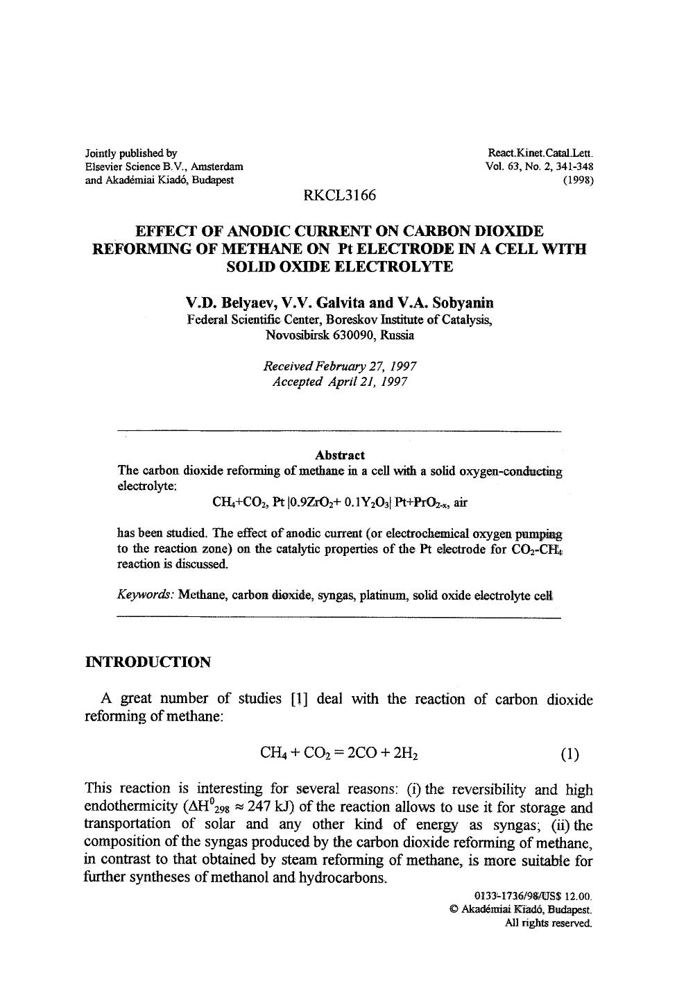 Effect of anodic current on carbon dioxide reforming of methane on Pt electrode in a cell with solid oxide electrolyte by Unknown