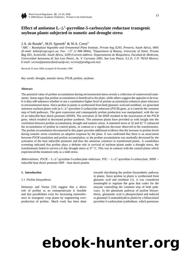 Effect of antisense L-Δ1-pyrroline-5-carboxylate reductase transgenic soybean plants subjected to osmotic and drought stress by Unknown