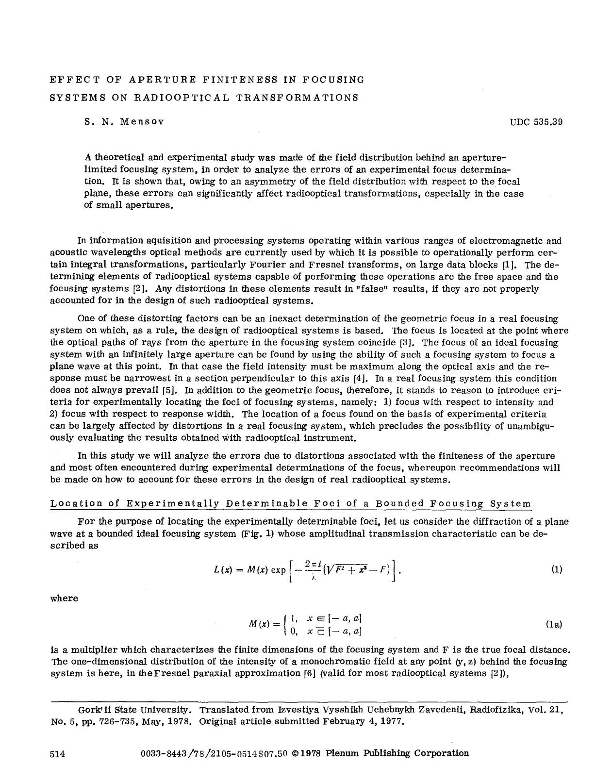 Effect of aperture finiteness in focusing systems on radiooptical transformations by Unknown