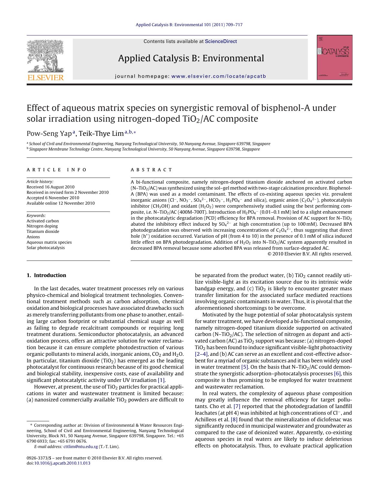 Effect of aqueous matrix species on synergistic removal of bisphenol-A under solar irradiation using nitrogen-doped TiO2AC composite by Pow-Seng Yap
