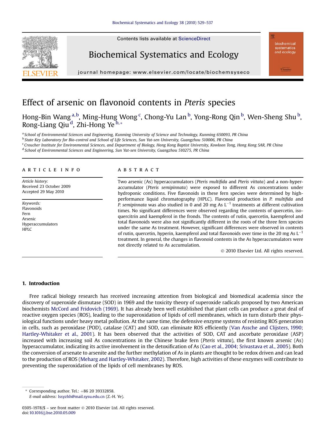 Effect of arsenic on flavonoid contents in Pteris species by unknow