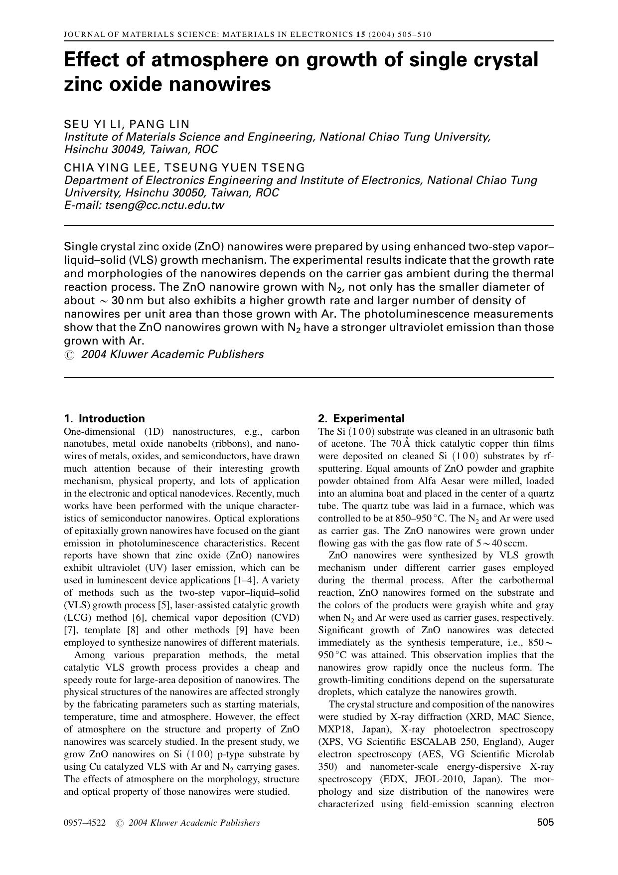 Effect of atmosphere on growth of single crystal zinc oxide nanowires by Unknown