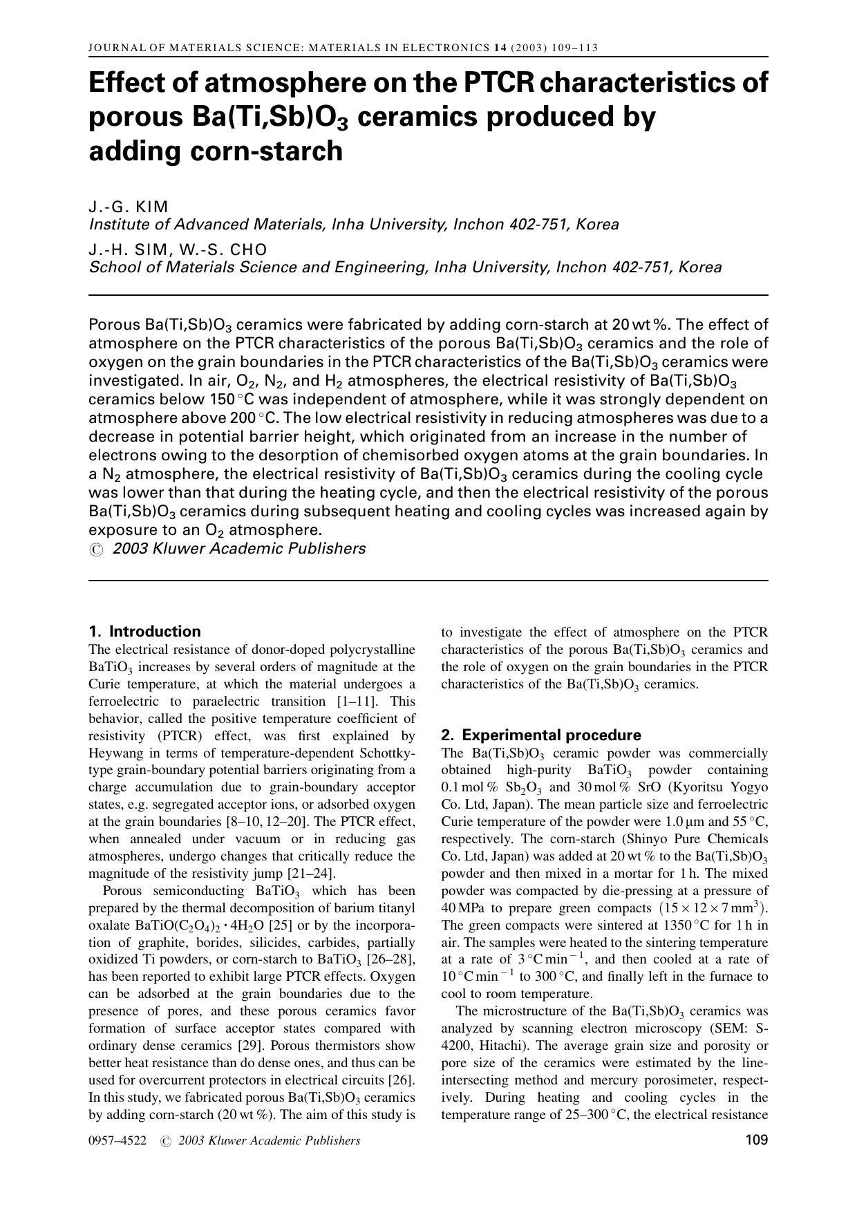 Effect of atmosphere on the PTCR characteristics of porous Ba(Ti,Sb)O<Subscript>3<Subscript> ceramics produced by adding corn-starch by Unknown