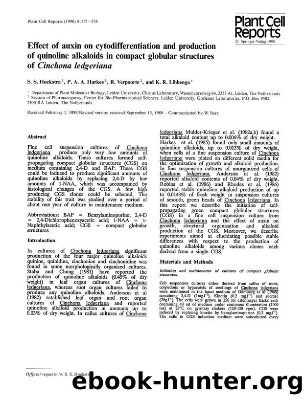 Effect of auxin on cytodifferentiation and production of quinoline alkaloids in compact globular structures of <Emphasis Type="Italic">Cinchona ledgeriana<Emphasis> by Unknown