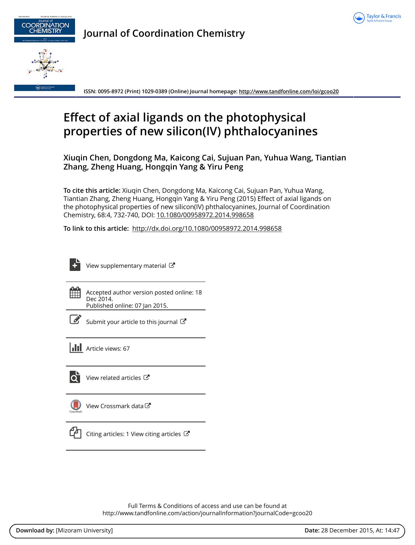 Effect of axial ligands on the photophysical properties of new silicon(IV) phthalocyanines by Xiuqin Chen