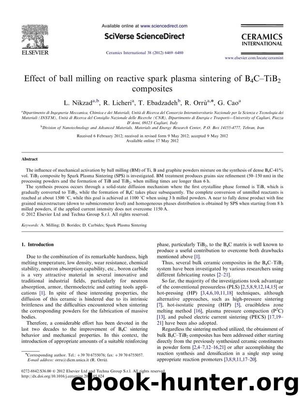 Effect of ball milling on reactive spark plasma sintering of B4CâTiB2 composites by L. Nikzad & R. Licheri & T. Ebadzadeh & R. Orrù & G. Cao