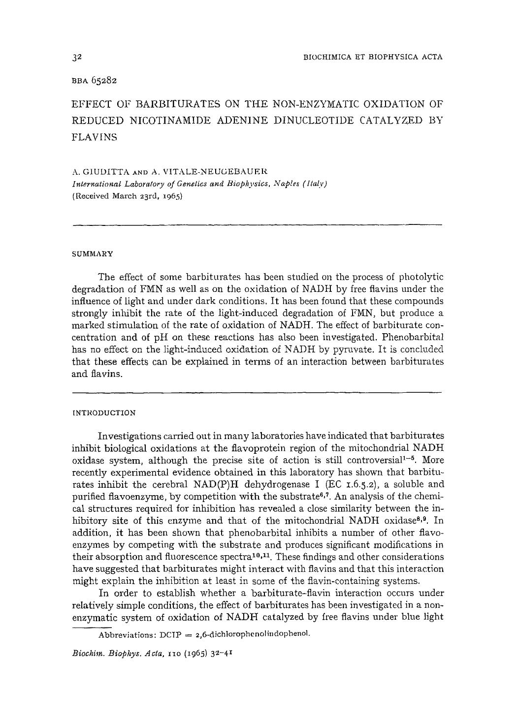 Effect of barbiturates on the non-enzymatic oxidation of reduced nicotinamide adenine dinucleotide catalyzed by flavins by A. Giuditta; A. Vitale-Neugebauer