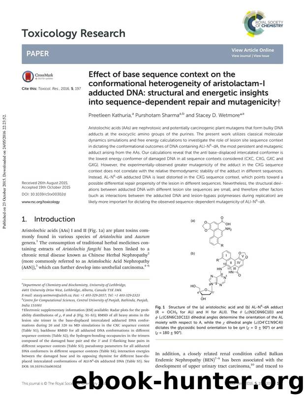 Effect of base sequence context on the conformational heterogeneity of aristolactam-I adducted DNA: structural and energetic insights into sequence-dependent repair and mutagenicity by Preetleen Kathuria Purshotam Sharma Stacey D. Wetmore
