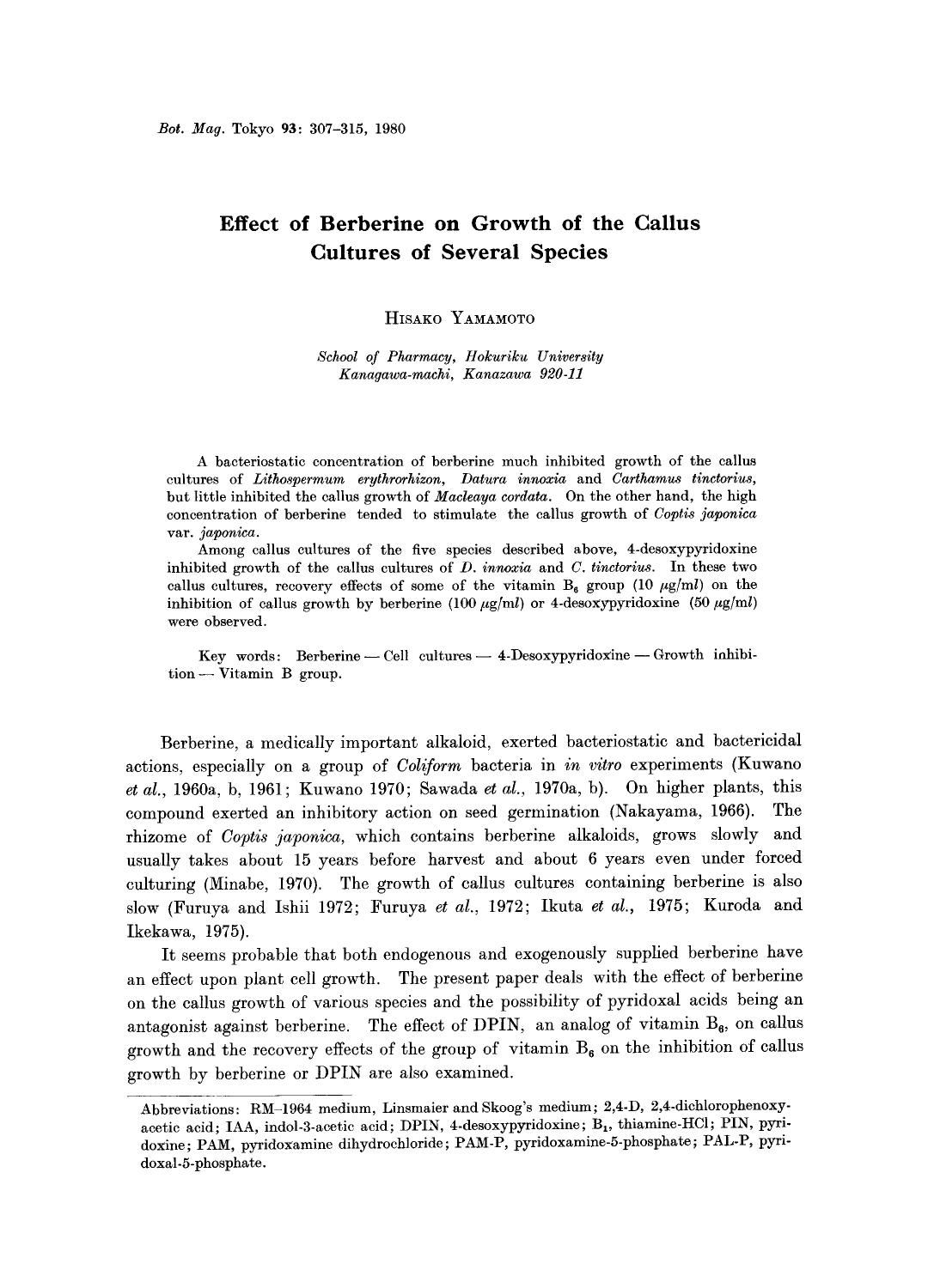 Effect of berberine on growth of the callus cultures of several species by Unknown