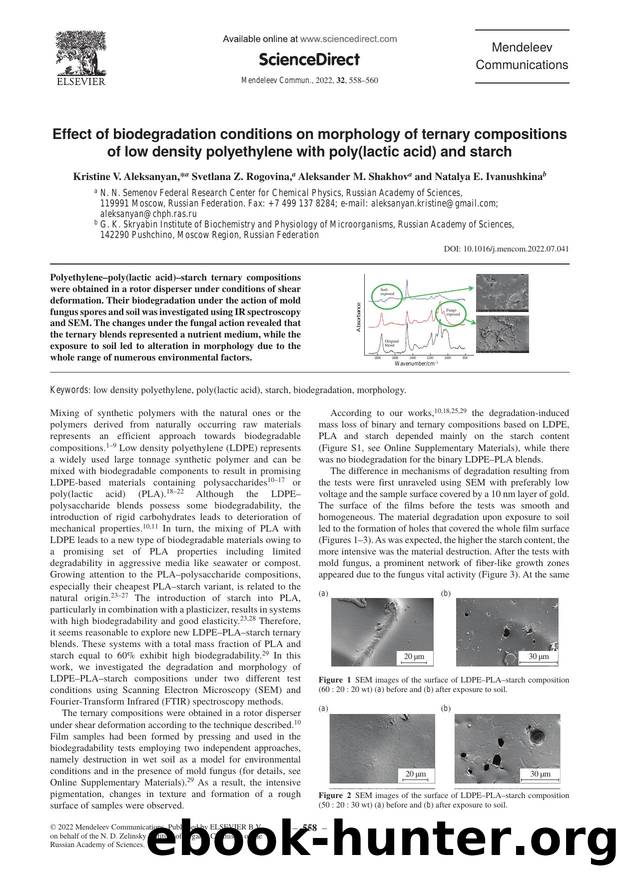 Effect of biodegradation conditions on morphology of ternary compositions of low density polyethylene with poly(lactic acid) and starch by Kristine V. Aleksanyan & Svetlana Z. Rogovina & Aleksander M. Shakhov & Natalya E. Ivanushkina