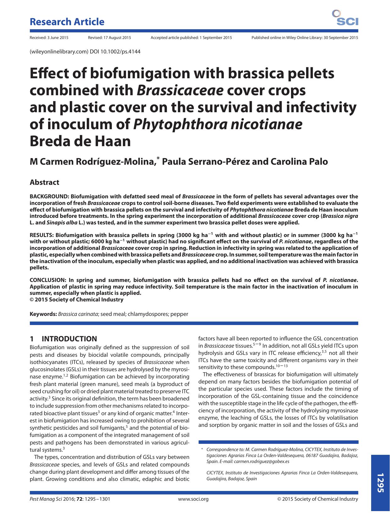 Effect of biofumigation with brassica pellets combined with Brassicaceae cover crops and plastic cover on the survival and infectivity of inoculum of Phytophthora nicotianae Breda de Haan by Unknown