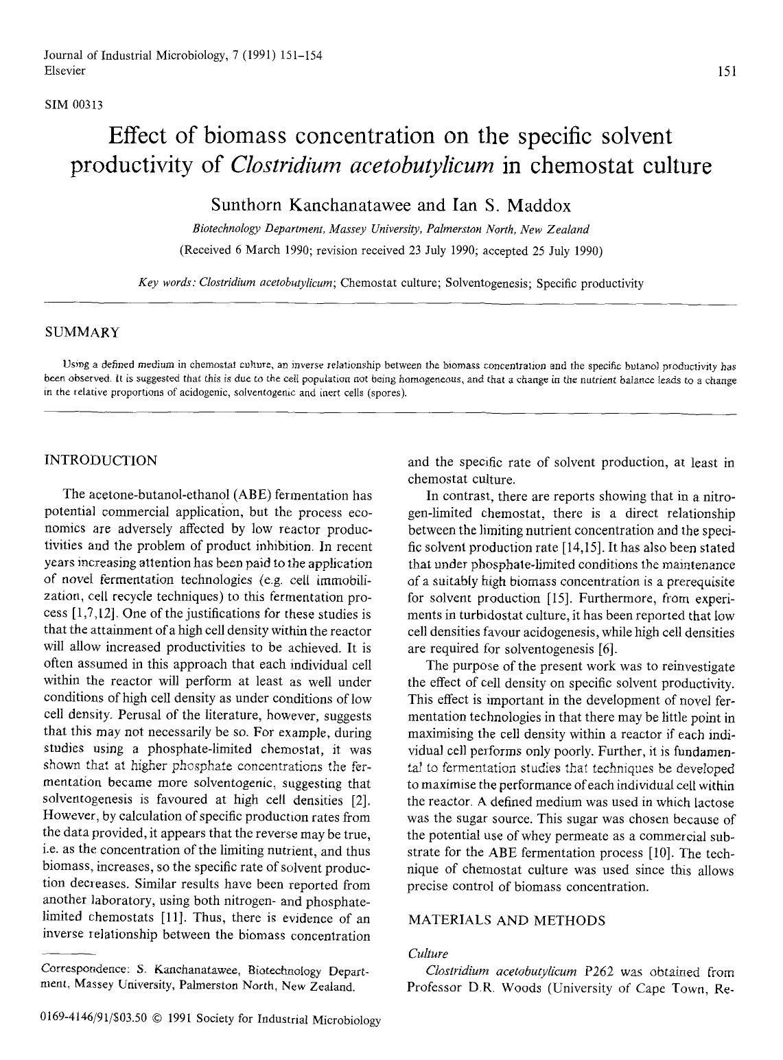 Effect of biomass concentration on the specific solvent productivity of <Emphasis Type="Italic">Clostridium acetobutylicum <Emphasis> in chemostat culture by Unknown