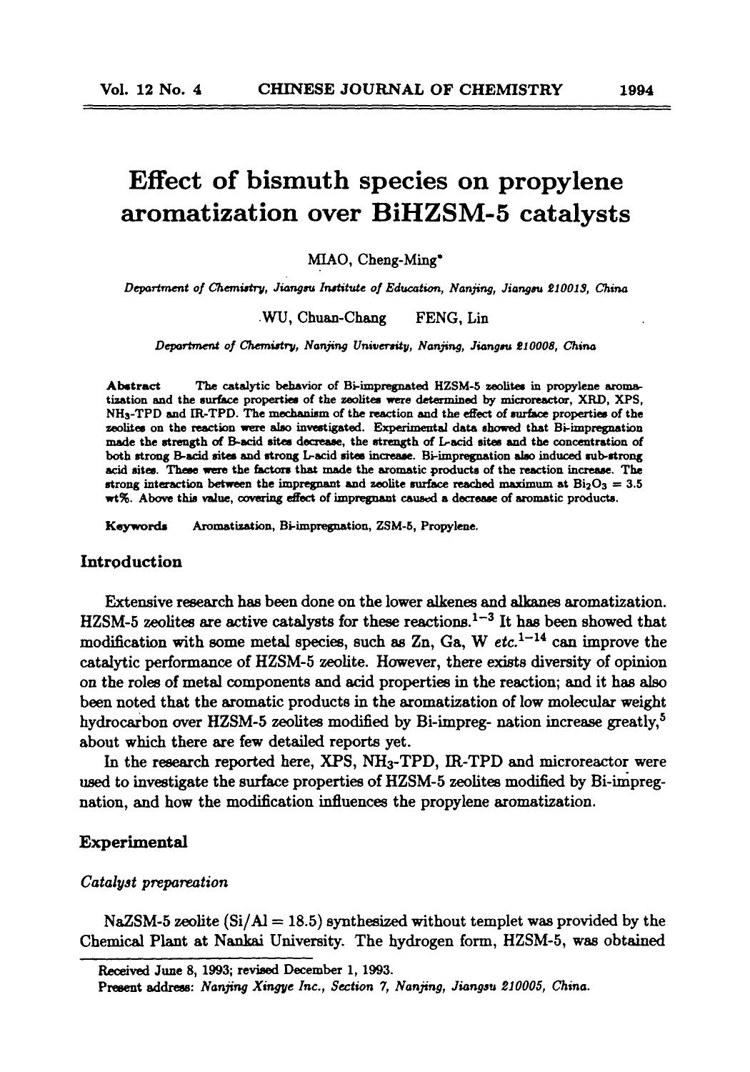 Effect of bismuth species on propylene aromatization over BiHZSM5 catalysts by Unknown