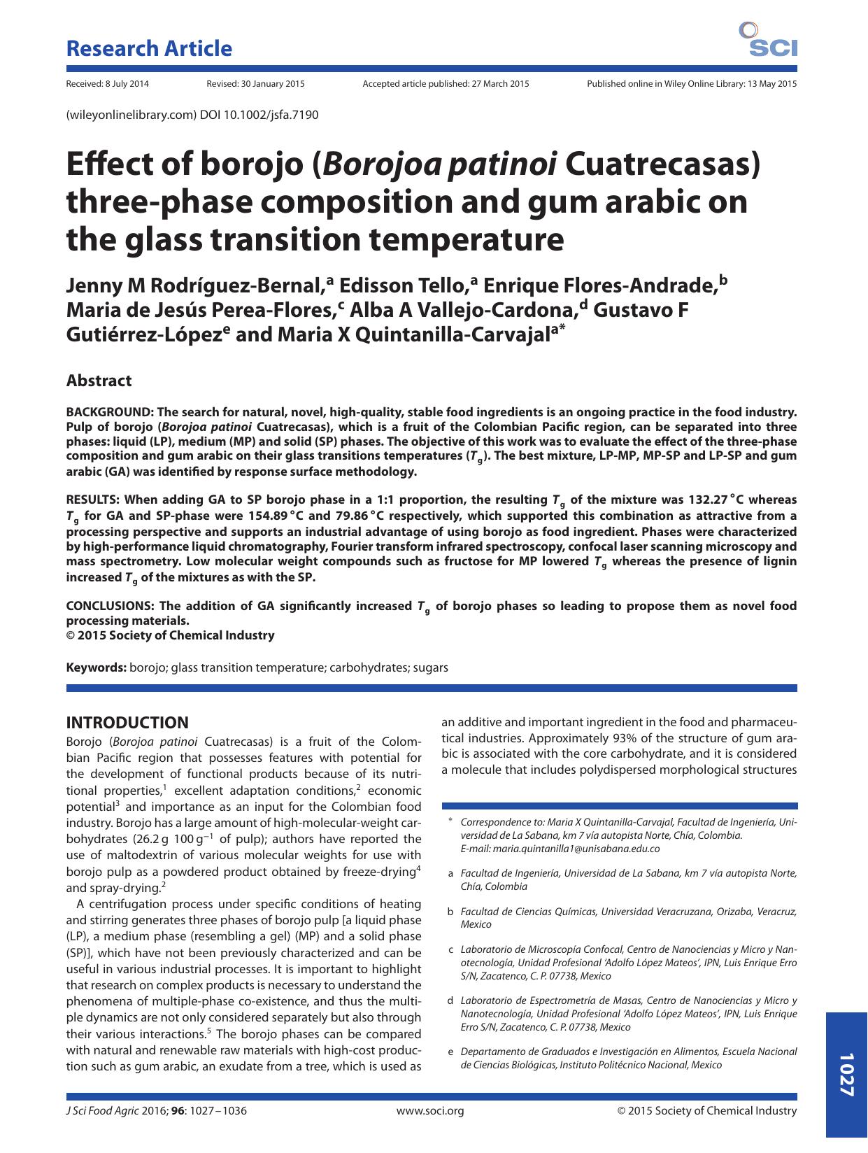 Effect of borojo (Borojoa patinoi Cuatrecasas) three-phase composition and gum arabic on the glass transition temperature by Unknown