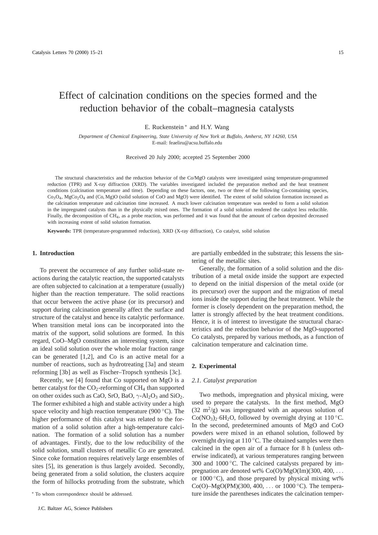 Effect of calcination conditions on the species formed and the reduction behavior of the cobalt–magnesia catalysts by Unknown