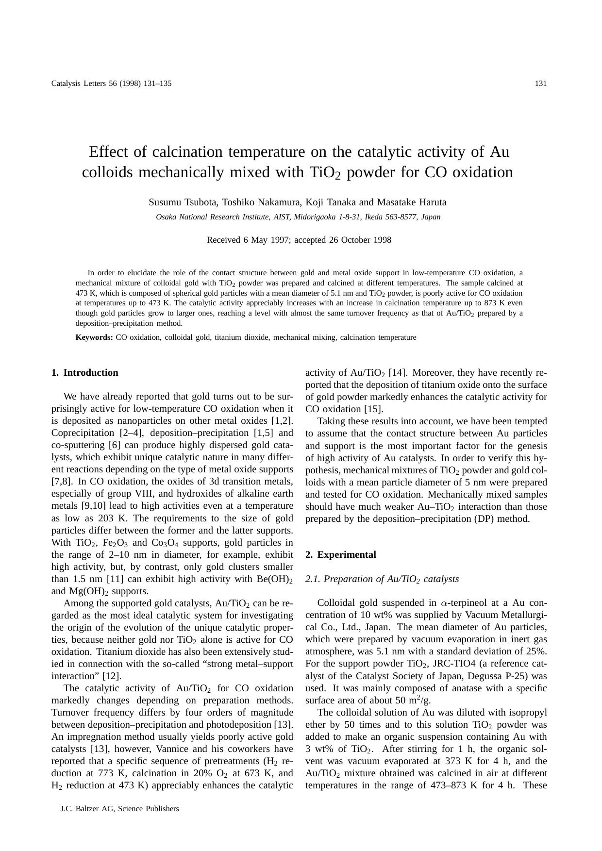 Effect of calcination temperature on the catalytic activity of Au colloids mechanically mixed with TiO<Subscript>2<Subscript> powder for CO oxidation by Unknown