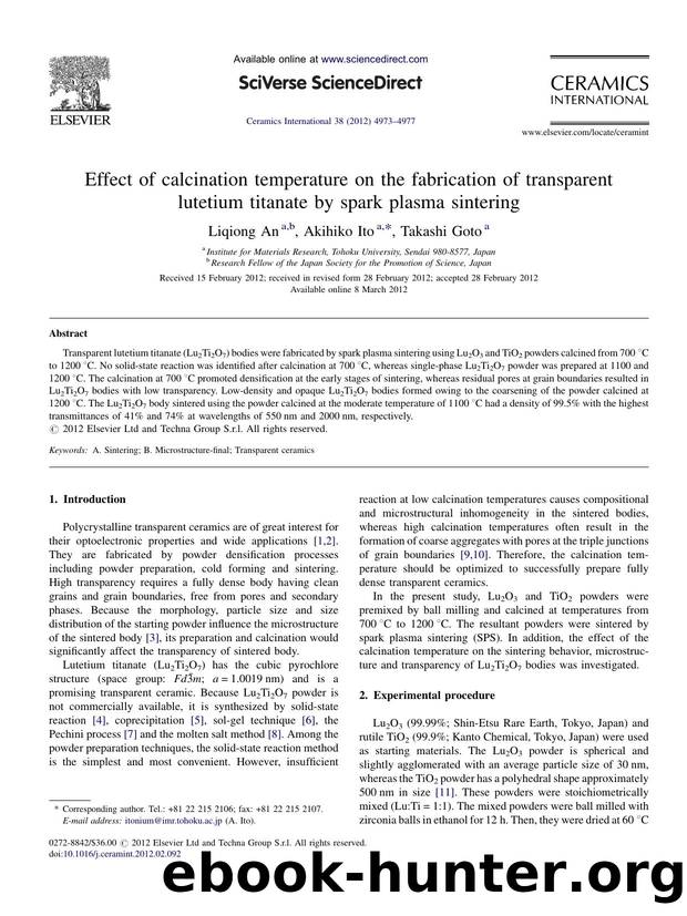 Effect of calcination temperature on the fabrication of transparent lutetium titanate by spark plasma sintering by Liqiong An