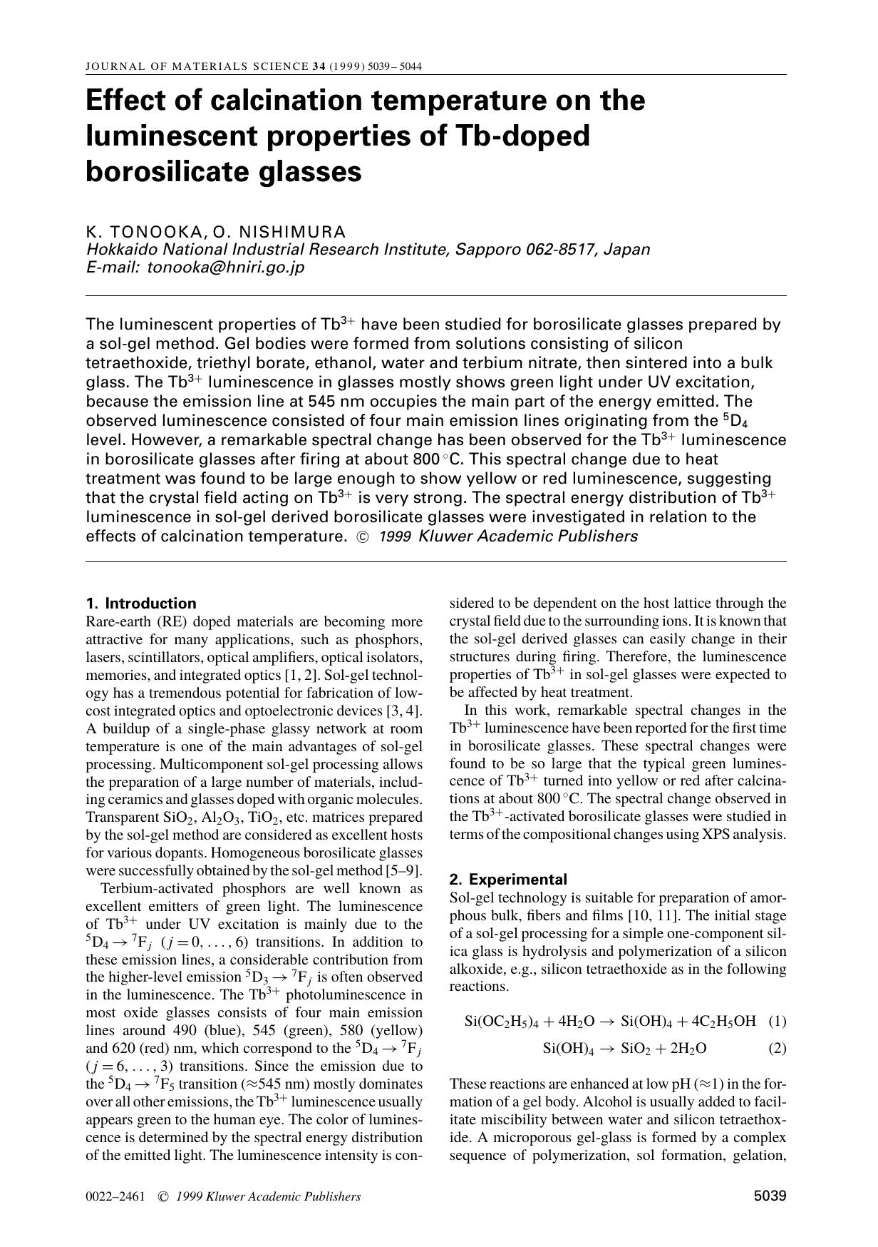 Effect of calcination temperature on the luminescent properties of Tb-doped borosilicate glasses by Unknown